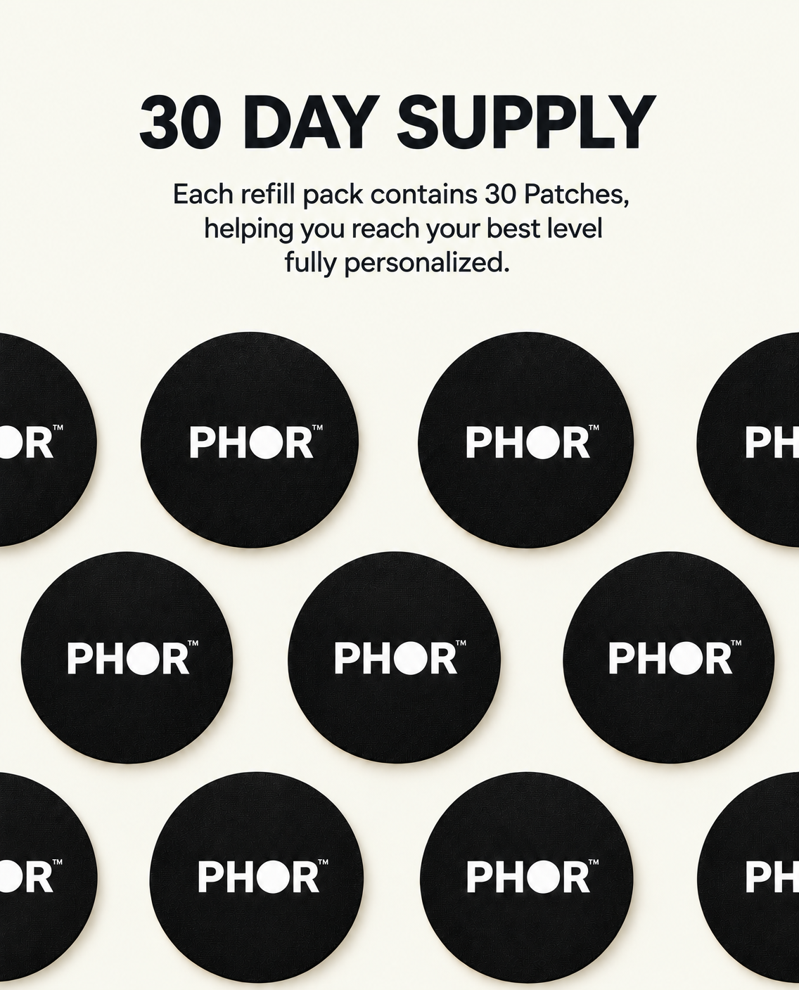 Grid of 30 black PHOR patches — one month supply
